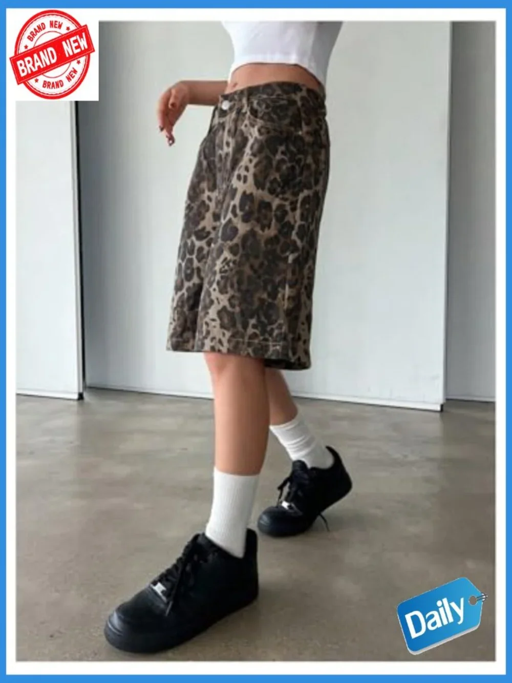 High Waisted Leopard Print Denim Bermuda Shorts Wide Leg Baggy Cargo